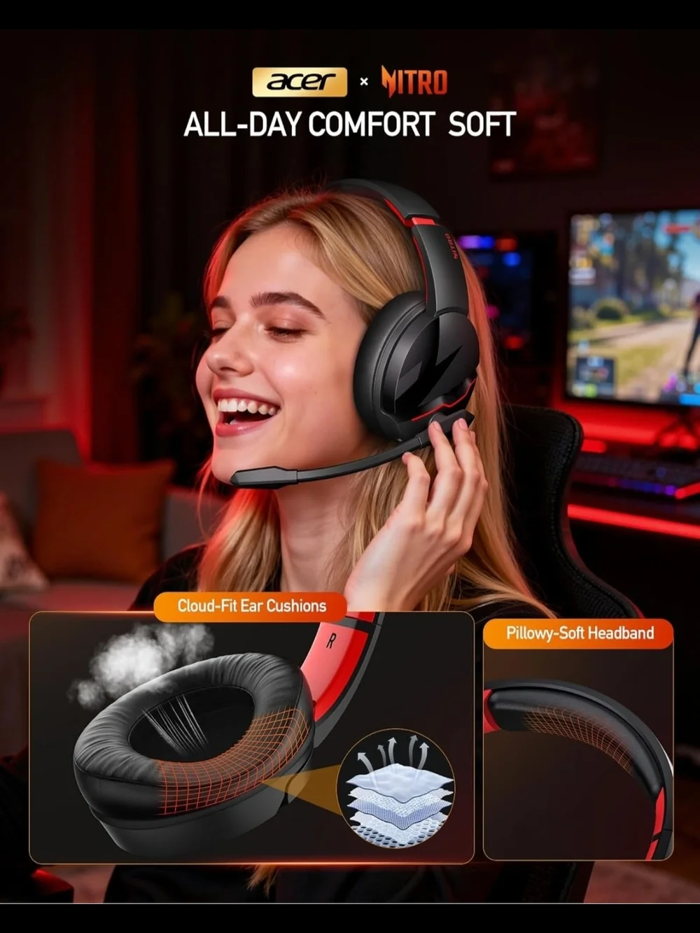 Acer Nitro Wireless Gaming Headset Black with Red Accents